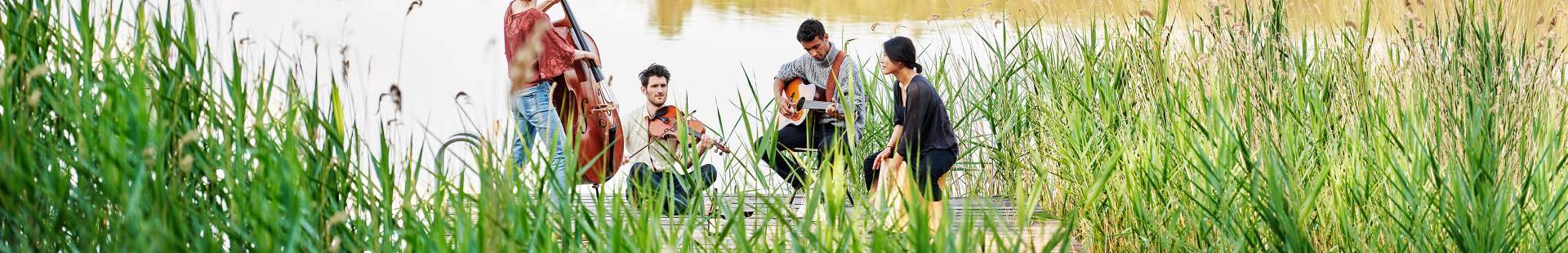 VRK Berufsunfähigkeitsabsicherung – Eine Gruppe junger Menschen sitzt an einem See und spielt auf ihren Instrumenten.