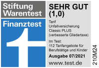 Testsiegel Unfallversicherung Classic Stiftung Warentest Finanztest &quot;SEHR GUT (1,0)&quot; Ausgabe 07/2021