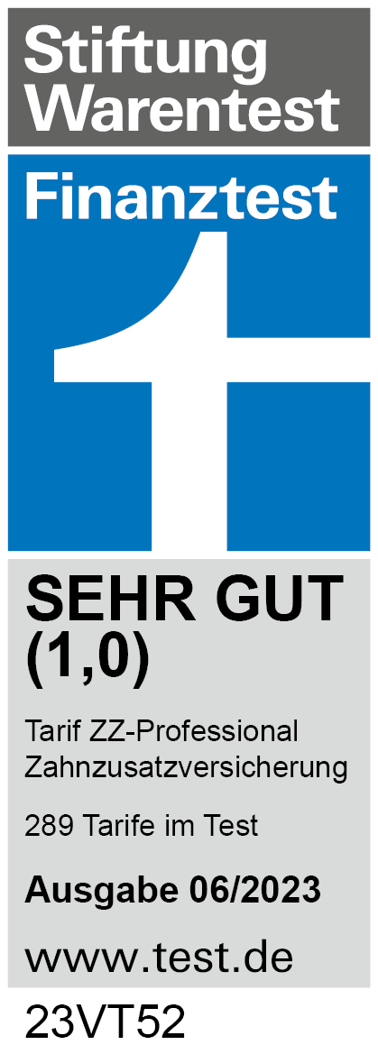 Testsiegel Stiftung Warentest SEHR GUT – Tarif ZZ-Professional Zahnzusatzversicherung | 289 Tarife im Test | Ausgabe 06/2023