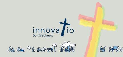 VRK Sozialpreis innovatio – Das Logo von dem Sozialpreis innovatio mit Piktogrammen von Menschen und einem bunten handgezeichnetem Kreuz.